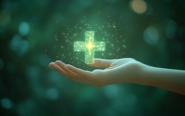 Woman s hand extended forward, glowing plus sign symbolizing health insurance, futuristic design with soft green tones, healthcare access theme