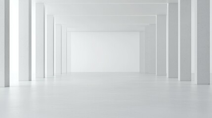A minimalistic, empty interior space with white walls and columns, emphasizing simplicity.