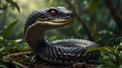 Fototapeta premium Black Snake Coiled In Lush Green Forest Habitat