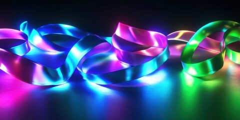 Abstract Neon Glowing Ribbons: Vibrant Colorful Light Trails in Dark Background
