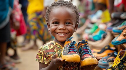 Fototapeta premium In a lively marketplace, a young child beams with happiness while proudly holding a pair of bright, new shoes. Surrounding colors and joyful faces enhance the atmosphere of excitement and discovery