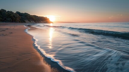 Fototapeta premium High-end photography of a tranquil beach at sunrise with waves gently lapping the shore