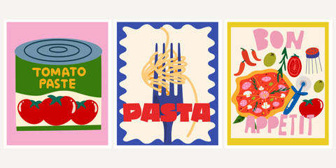 Italian vector dishes. Abstract bright posters in retro style. Flat banners for wall decor, prints and wallpaper. Vintage home decor posters. Noodle and pizza