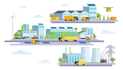 Green Sustainable Industrial Complex. Factory landscape scenery with street elements. Vector city illustration.   © Lemonstocks