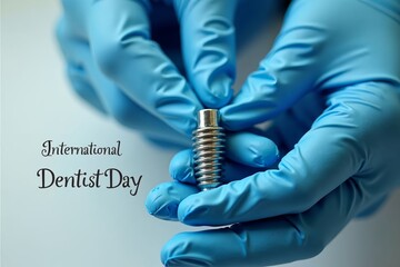 Gloved hands in sterile blue latex holding a titanium dental implant, highlighting its intricate details and textured surface.