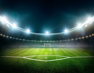 textured soccer game field with neon fog - center, midfield. Empty soccer stadium with spotlight and fan tribune football team. Concept of live sport events, 