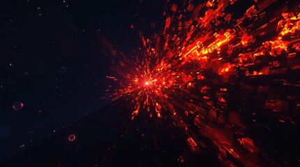 Sunburst pattern in shades of red and orange bursts forth from a dark blue sky, creating a dramatic and intense visual effect , energetic, explosive, fiery, sunburst