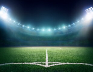 textured soccer game field with neon fog - center, midfield. Empty soccer stadium with spotlight and fan tribune football team. Concept of live sport events, 