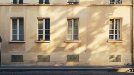 Obraz premium Parisian street view, modern minimalist architecture, full wall with windows and doors, warm sunlight, tranquil urban environment, no people visible.