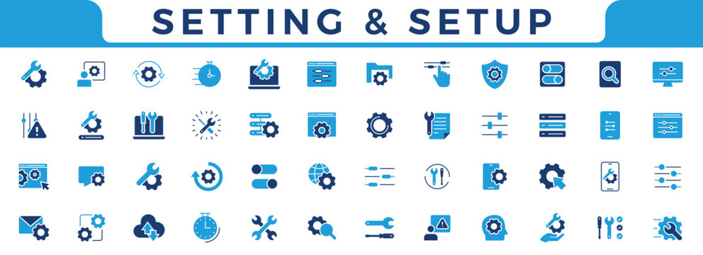 Setup and setting icon set. Outline icon collection.Operation, gear, processing, tools icons. Solid vector icons collection.