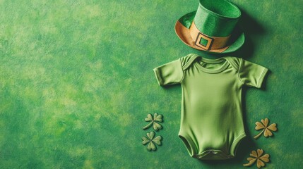 Happy St Patricks Day baby wear onesie bodysuit styled with leprechaun hat shamrocks on a textured green background Mockup Top view flat lay Copy space