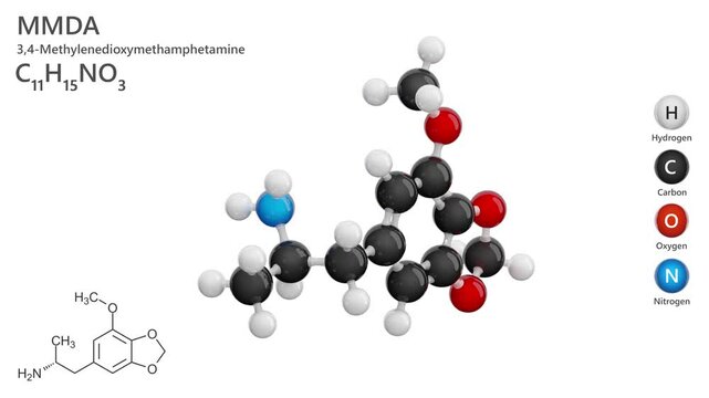 MMDA or 5-methoxy-3,4-methylenedioxyamphetamine. Drug. Animated 3D model of a molecule. Molecular formula: C11H15NO3. Chemical model: Ball and stick. White background. 3D rendering. Seamless loop.
