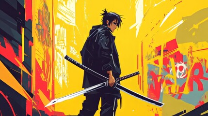 a man with a black jacket and a sword. modern anime character. yellow background