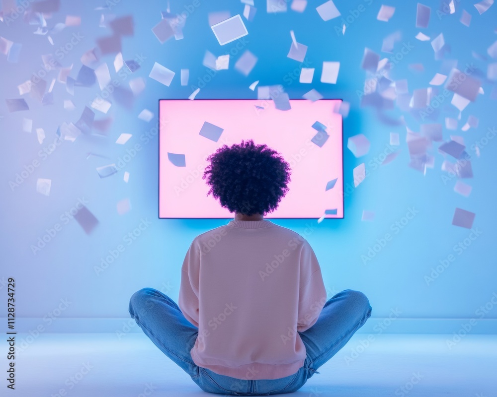 Poster Conceptual Image of Digital Overload Person Facing Screen with Floating Notifications in Blue Hue