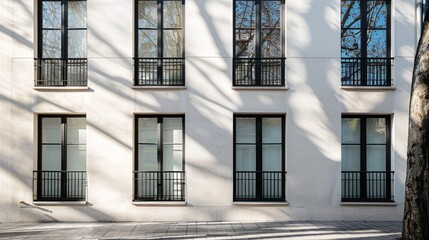 Obraz premium Parisian street view, modern minimalist building, full wall with windows and doors, sunny afternoon light, serene atmosphere, no people visible.