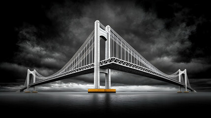 Obraz premium A striking modern bridge spans a calm body of water, framed by dark, dramatic clouds overhead, creating a powerful visual contrast.