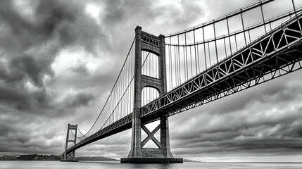 Obraz premium A dramatic black and white view of a large bridge spanning over calm waters, framed by a cloudy sky, showcasing engineering and nature's beauty.