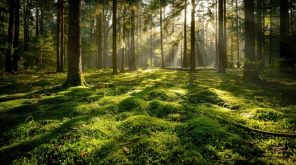 Fototapeta premium High-end photography of a tranquil forest with sunlight filtering through the trees and a carpet of green moss