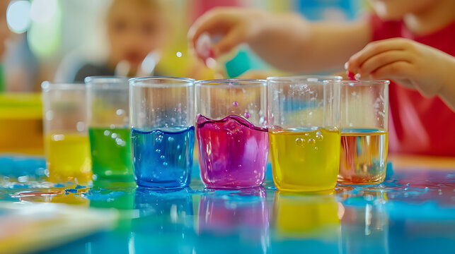 A kindergarten science experiment table where children are mixing colors in water and observing bubbles.