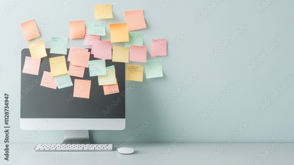 Poster Minimalist Workspace with Sticky Notes on Monitor for Digital Learning and Focus