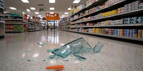 Sunlit supermarket aisle hosts shattered glass pieces on the floor, telling an unspoken story amid organized shelves and consumer goods.