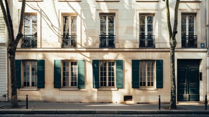 Parisian street view, modern minimalist building, full wall with windows and doors, sunny afternoon, tranquil atmosphere, no people present.