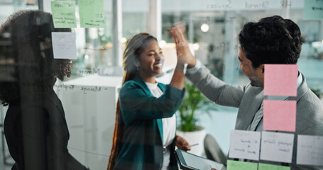 High five, meeting and business people with sticky notes in office for schedule, brainstorming and...