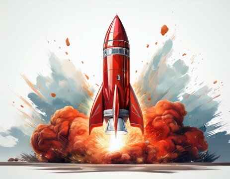 Successfully launch of a red rocket on a white background