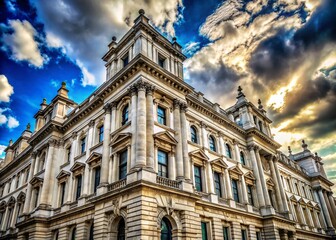 Fototapeta premium Captivating Low Angle View of the Historical Whitehall Building at Downing Street in London Showcasing Its Grand Architecture and Cultural Significance in Macro Photography