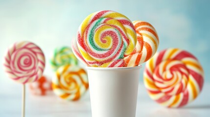 Colorful candies in cup on table on light background background Large swirled lollipops Creative concept of a jar full of delicious sweets from the candy store