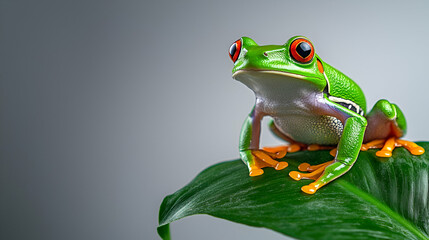 Obraz premium A vibrant green tree frog perched on a lush leaf, showcasing its bright red eyes and detailed skin texture against a neutral background.