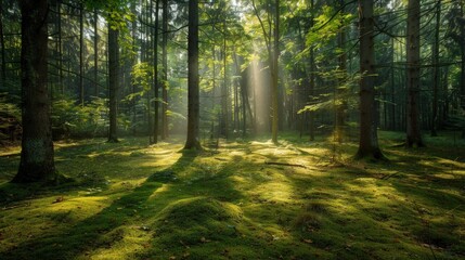 High-end photography of a tranquil forest with sunlight filtering through the trees and a carpet of green moss