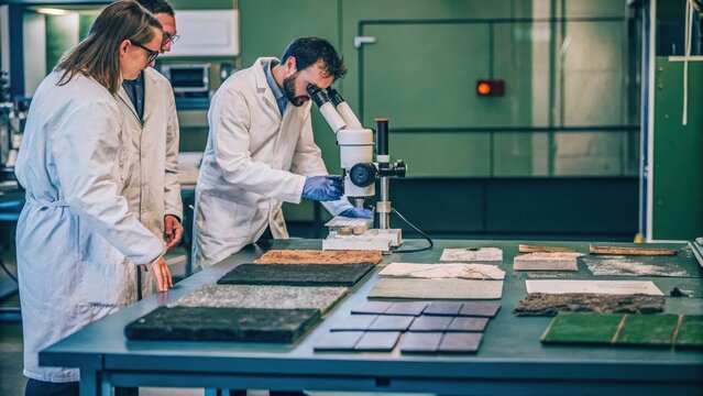 A research lab where scientists in lab coats are examining a sample of recycled composite material under a powerful microscope with various recycled materials displayed on the