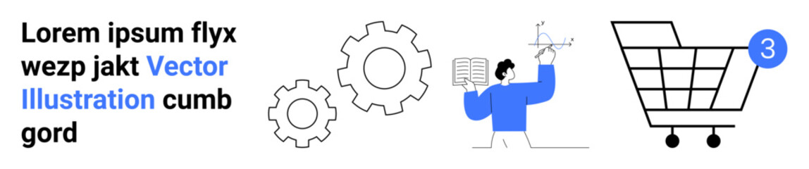 Two gears, person holding charts, and shopping cart with notification. Ideal for e-commerce, technology, engineering, data presentation, online shopping, innovation, and user interface. Landing page