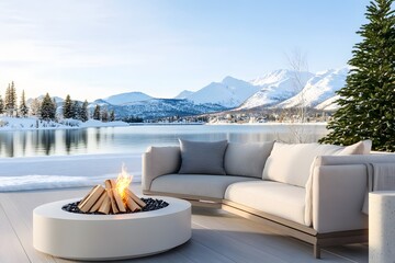 Obraz premium A cozy outdoor scene with a grey sofa, white fire pit, and a winter lake in the background. Snowy mountains with pine trees