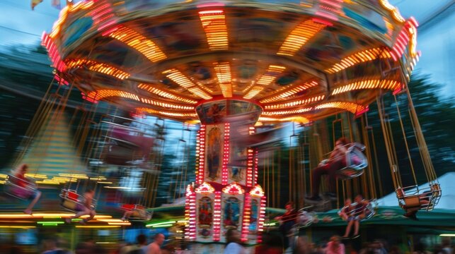 The vibrant carnival scene becomes a blur as visitors spin dizzily on the popular rides.