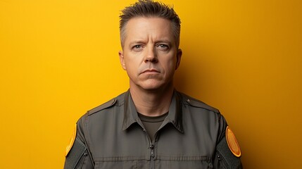 Obraz premium Serious middle-aged man in military uniform against yellow background.