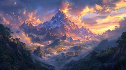 Majestic mountain peaks symbolizing resilience and triumph surrounded by lush forests and dramatic skies inspiring a journey of success and inner strength