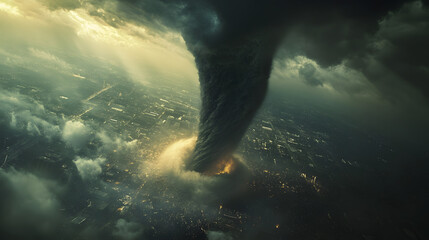 Fototapeta premium A massive tornado surrounded by swirling clouds as seen from the wing of a commercial plane.