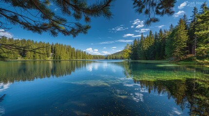 Fototapeta premium High-end photography of a tranquil lake surrounded by pine trees, with a clear blue sky and calm water