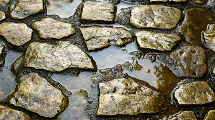 Fototapeta premium Close-up of wet cobblestone pavement. Puddles reflect the sky and surroundings. Irregularly shaped stones create a textured surface. Dark, mossy areas contrast with lighter stones.