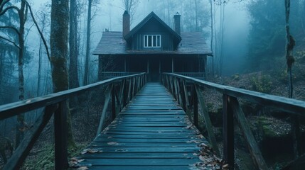 Obraz premium A wooden bridge leads to a shadowy house shrouded in fog, creating a scene filled with mystery and intrigue in the forest