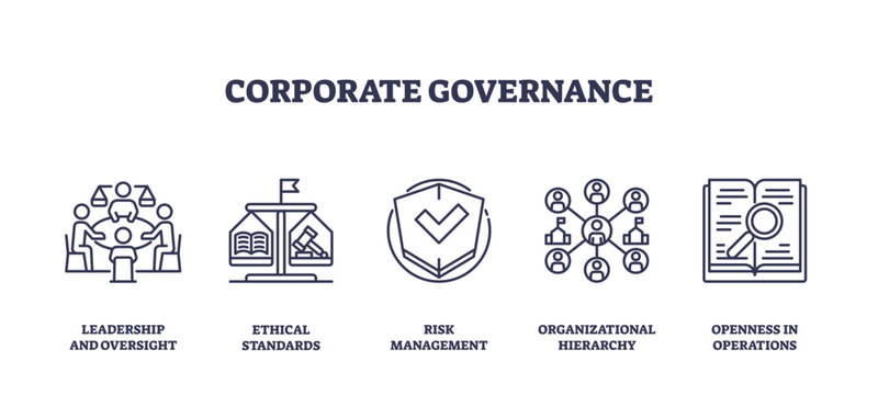 Corporate governance icons depict leadership, risk management, and ethical standards, transparent background. Outline icons set.