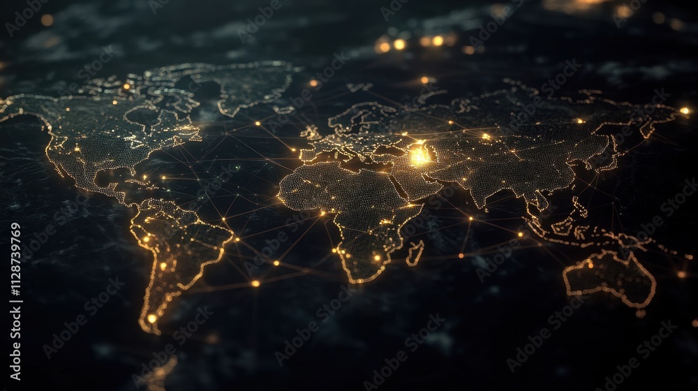 Poster abstract business background featuring a world map with glowing connecting lines and data points, sy