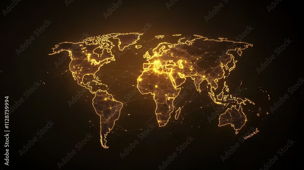 Poster abstract business background featuring a world map with glowing connecting lines and data points, sy