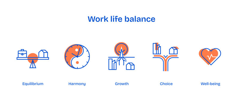 Work-life balance illustrated with scales, clock, and heart icons, transparent background.