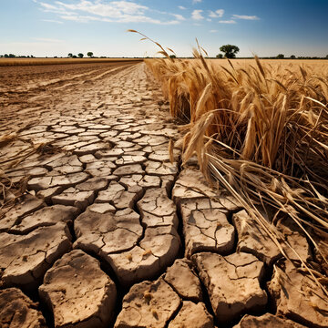 Global warming and severe drought in a field with cracks and drying of the soil.