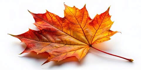 Fototapeta premium Captivating Low Light Photography of a Vibrant Autumn Maple Leaf Showcasing Rich Red and Orange Hues Against a White Isolated Background for Seasonal Aesthetic and Nature Lovers