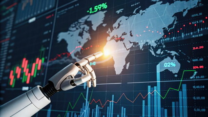 Robotic hand pointing at global financial data visualization on a digital display.