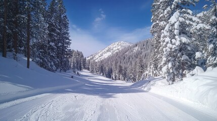 Snow covered mountain path winter trees landscape